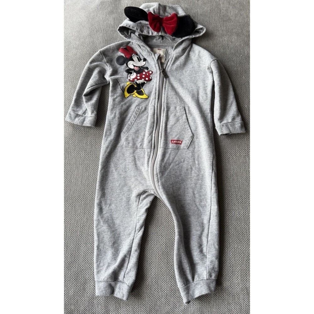 Levi's x Disney Mickey Mouse Zip Romper Sleeper 18M Hooded Ears Bow Baby